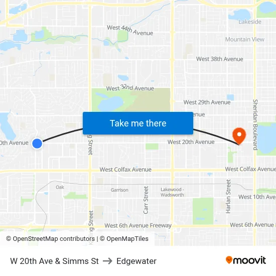 W 20th Ave & Simms St to Edgewater map