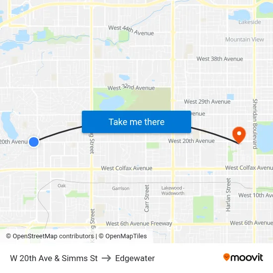 W 20th Ave & Simms St to Edgewater map