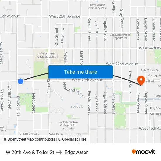 W 20th Ave & Teller St to Edgewater map