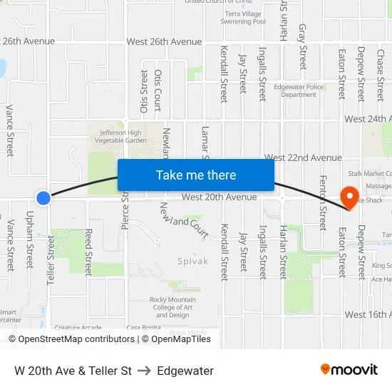 W 20th Ave & Teller St to Edgewater map