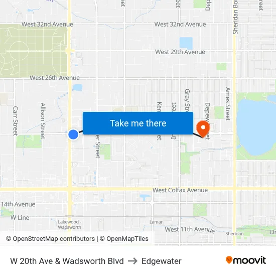 W 20th Ave & Wadsworth Blvd to Edgewater map