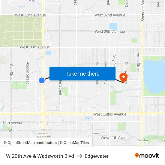 W 20th Ave & Wadsworth Blvd to Edgewater map