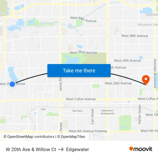 W 20th Ave & Willow Ct to Edgewater map