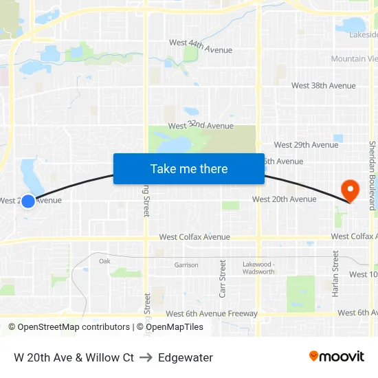 W 20th Ave & Willow Ct to Edgewater map