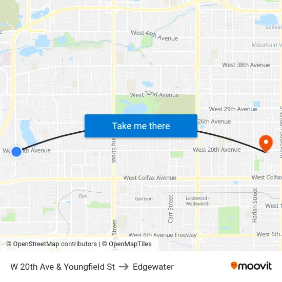 W 20th Ave & Youngfield St to Edgewater map