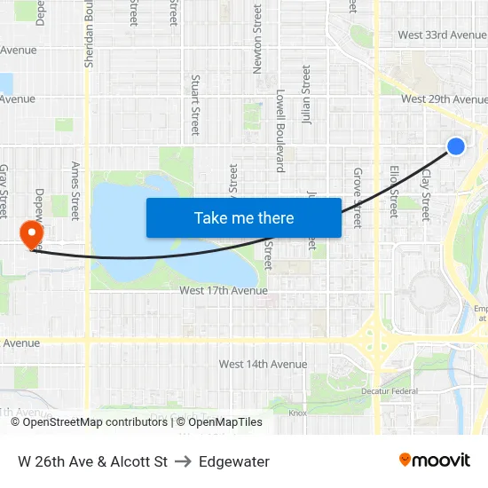 W 26th Ave & Alcott St to Edgewater map