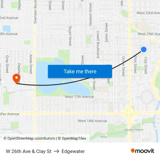 W 26th Ave & Clay St to Edgewater map
