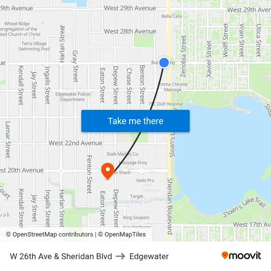 W 26th Ave & Sheridan Blvd to Edgewater map