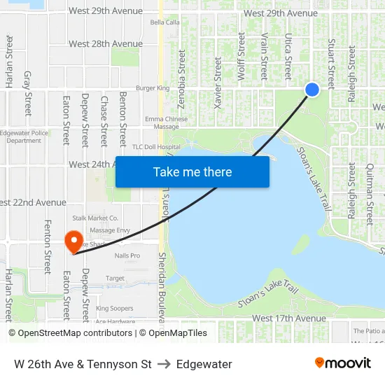 W 26th Ave & Tennyson St to Edgewater map