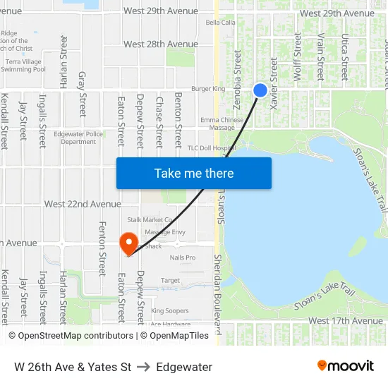 W 26th Ave & Yates St to Edgewater map