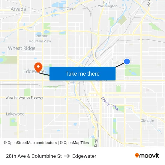 28th Ave & Columbine St to Edgewater map