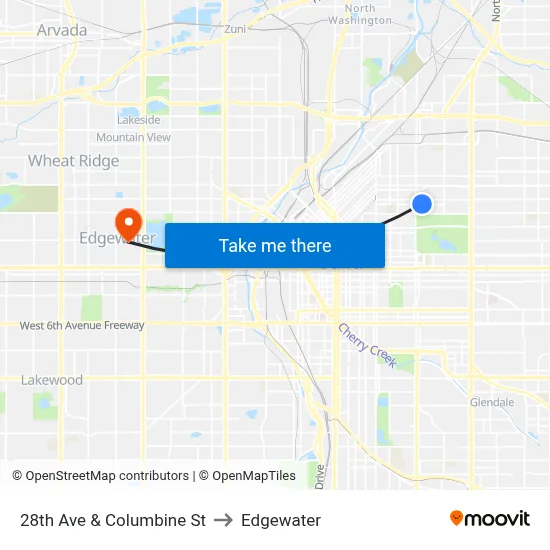 28th Ave & Columbine St to Edgewater map