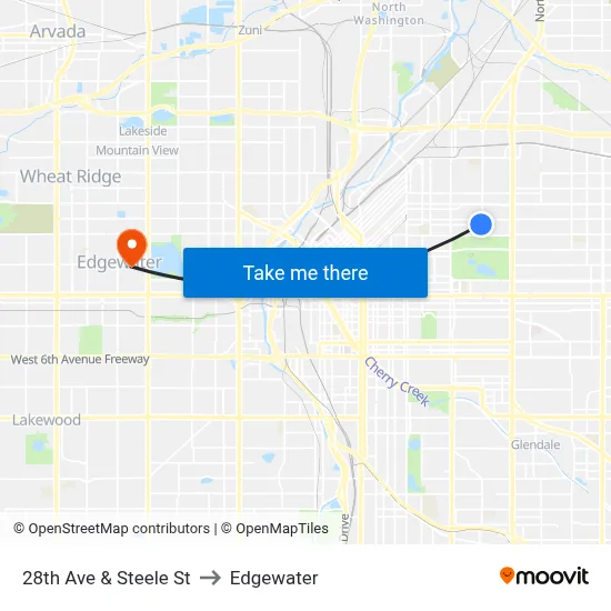 28th Ave & Steele St to Edgewater map