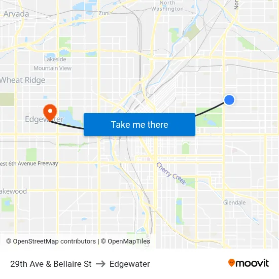 29th Ave & Bellaire St to Edgewater map