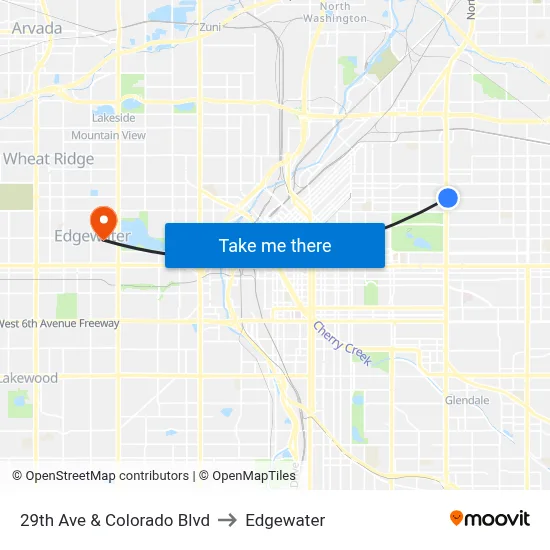 29th Ave & Colorado Blvd to Edgewater map