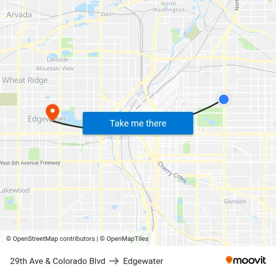 29th Ave & Colorado Blvd to Edgewater map