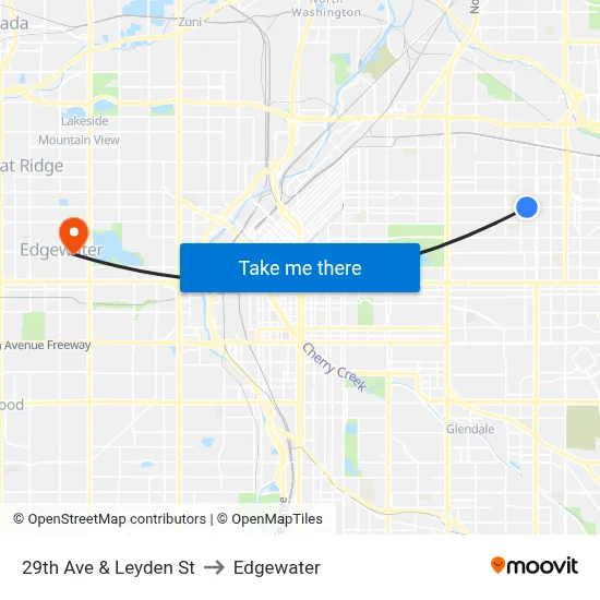 29th Ave & Leyden St to Edgewater map