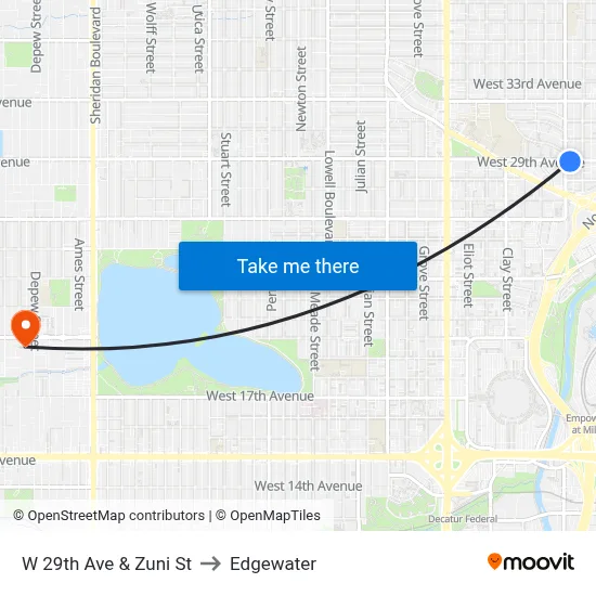 W 29th Ave & Zuni St to Edgewater map