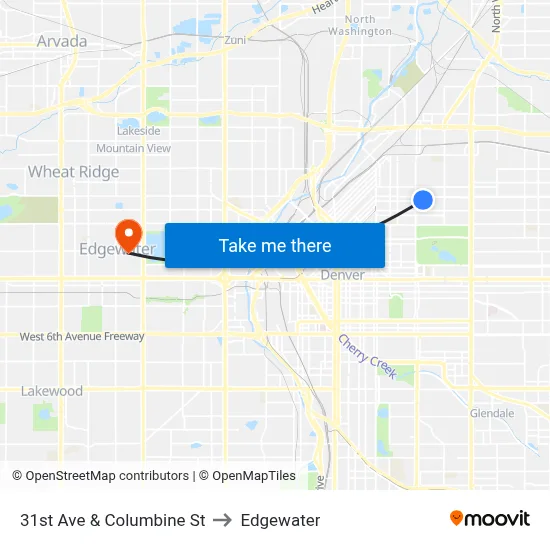 31st Ave & Columbine St to Edgewater map