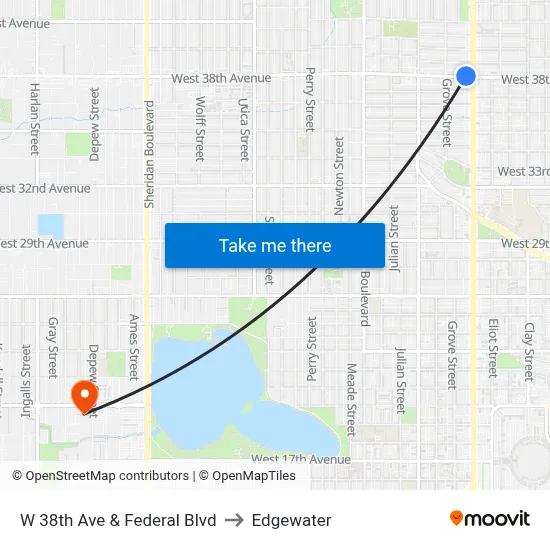 W 38th Ave & Federal Blvd to Edgewater map