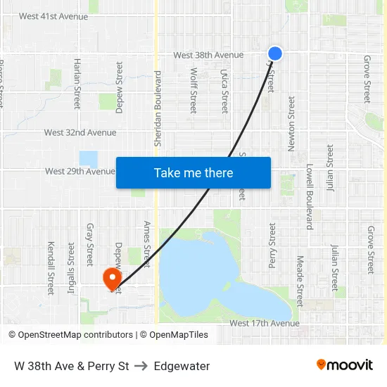 W 38th Ave & Perry St to Edgewater map
