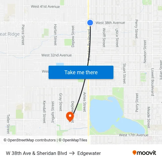 W 38th Ave & Sheridan Blvd to Edgewater map