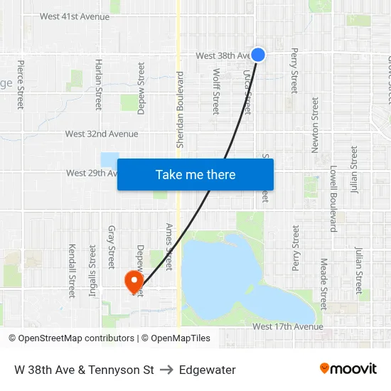 W 38th Ave & Tennyson St to Edgewater map