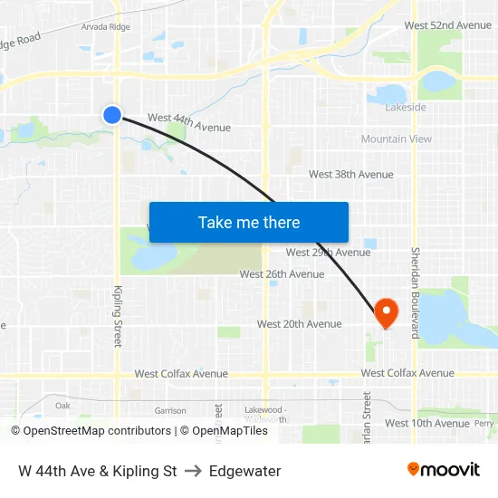 W 44th Ave & Kipling St to Edgewater map