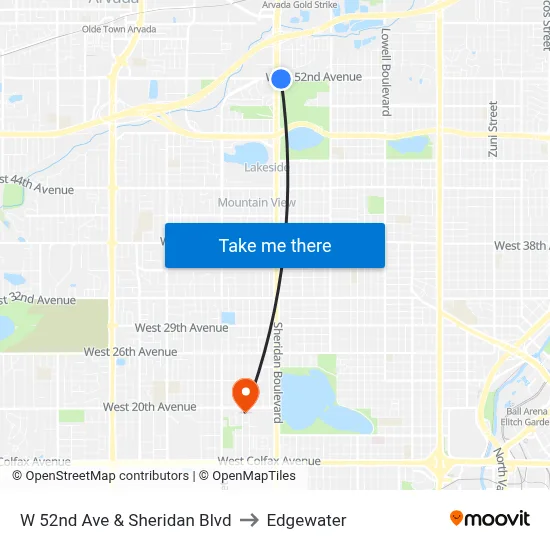 W 52nd Ave & Sheridan Blvd to Edgewater map