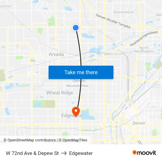 W 72nd Ave & Depew St to Edgewater map