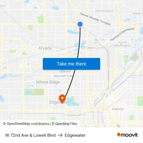 W 72nd Ave & Lowell Blvd to Edgewater map