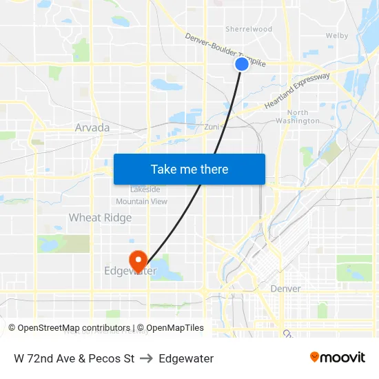 W 72nd Ave & Pecos St to Edgewater map