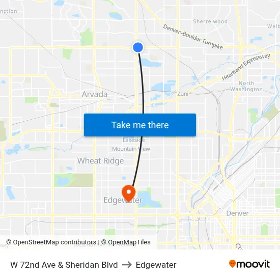 W 72nd Ave & Sheridan Blvd to Edgewater map