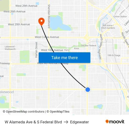 W Alameda Ave & S Federal Blvd to Edgewater map