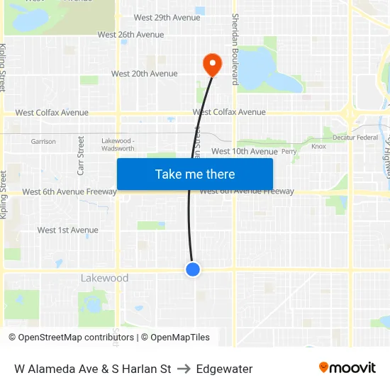 W Alameda Ave & S Harlan St to Edgewater map