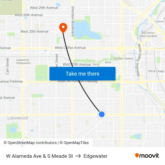 W Alameda Ave & S Meade St to Edgewater map
