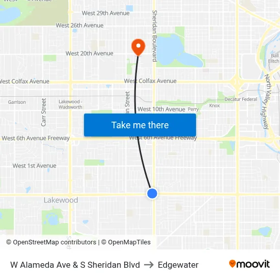 W Alameda Ave & S Sheridan Blvd to Edgewater map