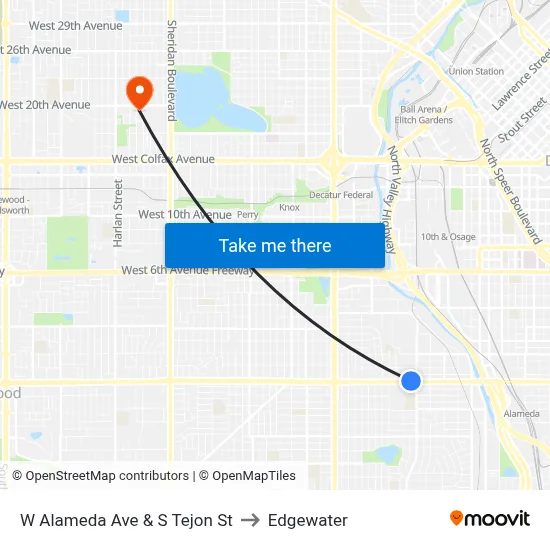 W Alameda Ave & S Tejon St to Edgewater map