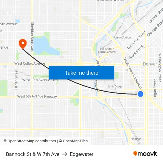 Bannock St & W 7th Ave to Edgewater map