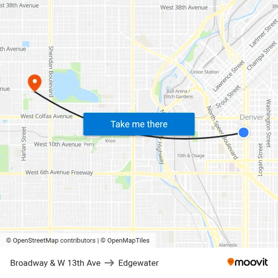 Broadway & W 13th Ave to Edgewater map