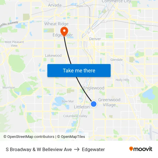 S Broadway & W Belleview Ave to Edgewater map