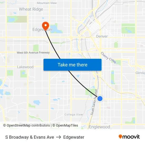 S Broadway & Evans Ave to Edgewater map
