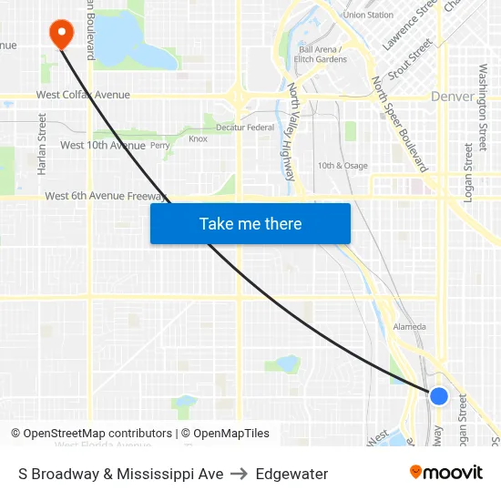 S Broadway & Mississippi Ave to Edgewater map