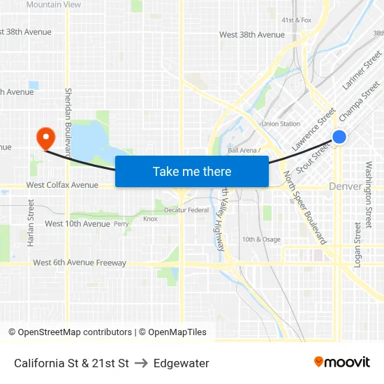 California St & 21st St to Edgewater map