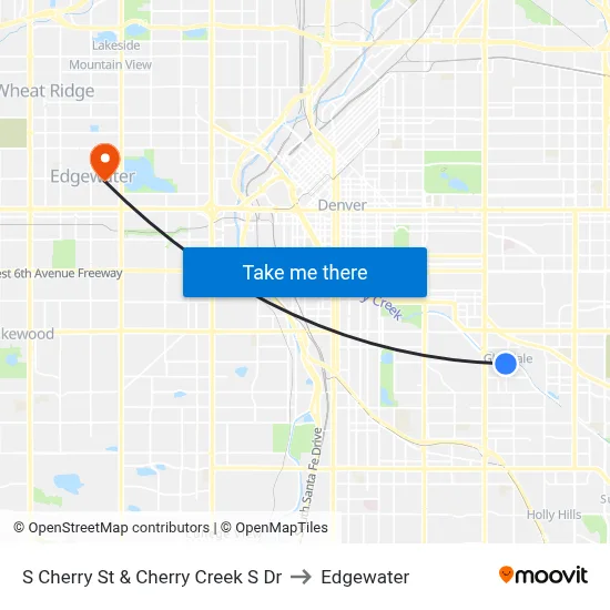 S Cherry St & Cherry Creek S Dr to Edgewater map