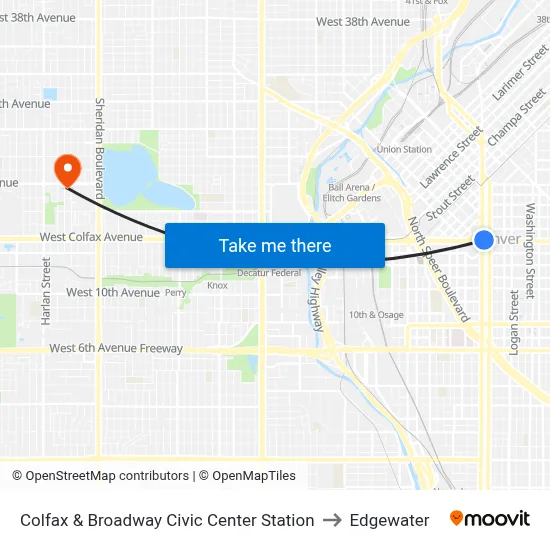 Colfax & Broadway Civic Center Station to Edgewater map