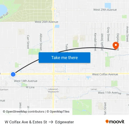 W Colfax Ave & Estes St to Edgewater map
