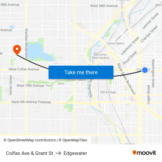 Colfax Ave & Grant St to Edgewater map