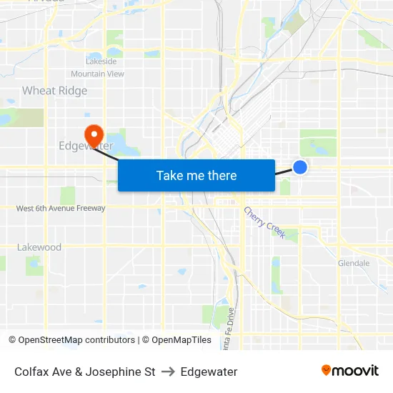 Colfax Ave & Josephine St to Edgewater map