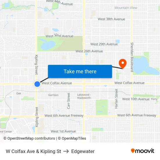 W Colfax Ave & Kipling St to Edgewater map